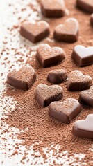 Tasty heart shaped chocolate candies as background, closeup. Valentine's day celebration, copy space