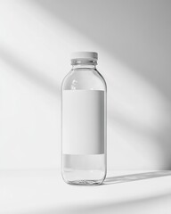 Naklejka premium Clear glass water bottle with a blank label, illuminated by soft natural light.