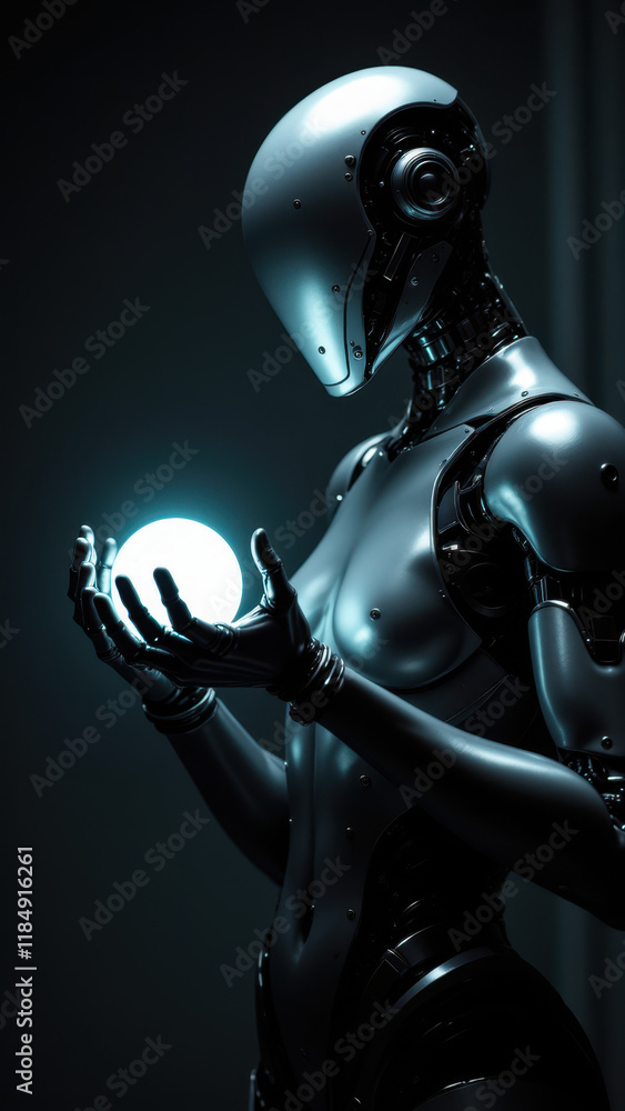 Poster a robot with human-like features holding an orb, embodying artificial intelligence.
