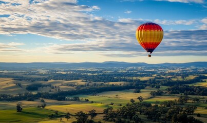 Naklejka premium A solitary hot air balloon hovering in the sky above a vast landscape, solitude, hot air balloons, aerial