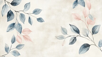 Artistic botanical watercolor composition with vibrant blue and soft pink leaves on a beige textured background