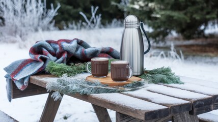 A cozy winter scene featuring two mugs of hot cocoa on a snowy wooden table, accompanied by a thermos and a warm blanket.