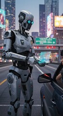 Fototapeta premium Futuristic robot law enforcement officer interacting with driver in urban cityscape