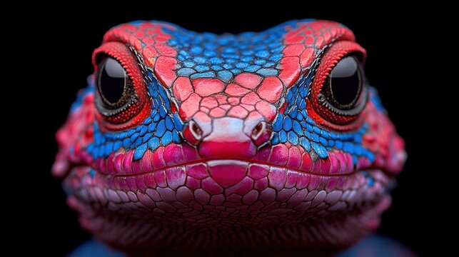 Close-up of a colorful lizard head with vibrant red, pink, and blue scales.
