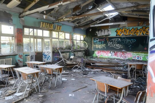 An abandoned classroom with broken furniture and graffiti on walls, showcasing decay and neglect. - Powered by Adobe