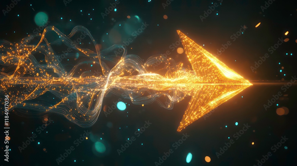 Poster glowing golden arrow with particle trail, symbolizing progress, direction, and speed.