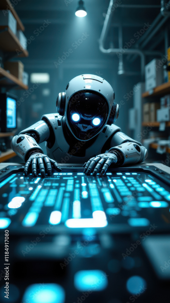 Poster a futuristic robot with glowing eyes working on a neon keyboard in an industrial setting, symbolizin