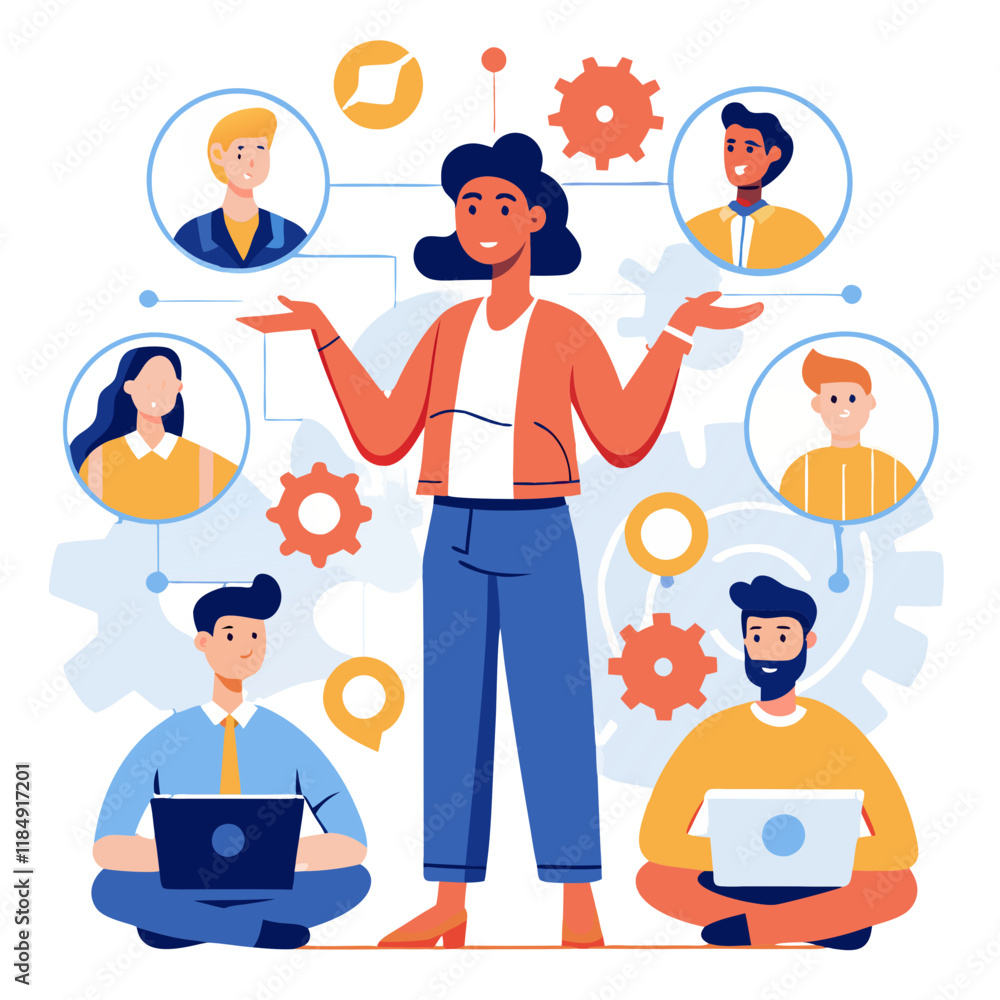 Poster a project manager guides team members in a dynamic and collaborative workspace, fostering communicat