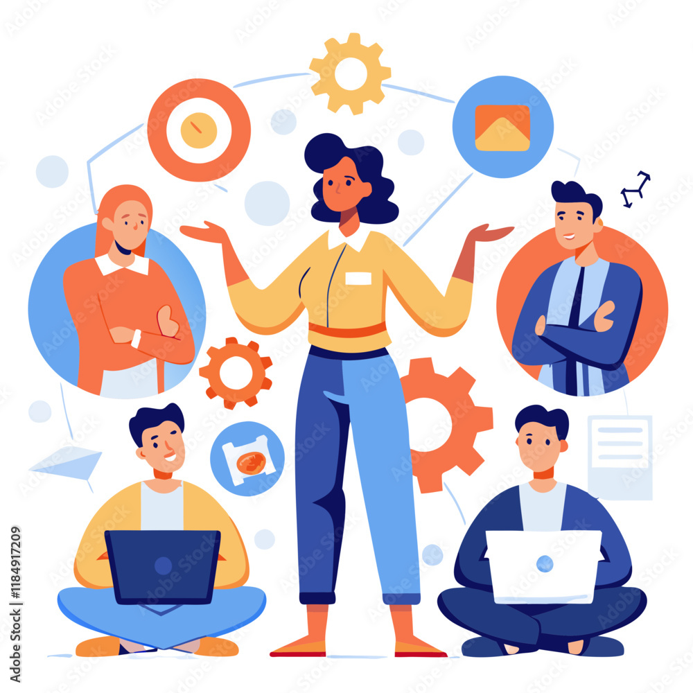 Poster a project manager actively engages with team members, facilitating collaboration and managing tasks 