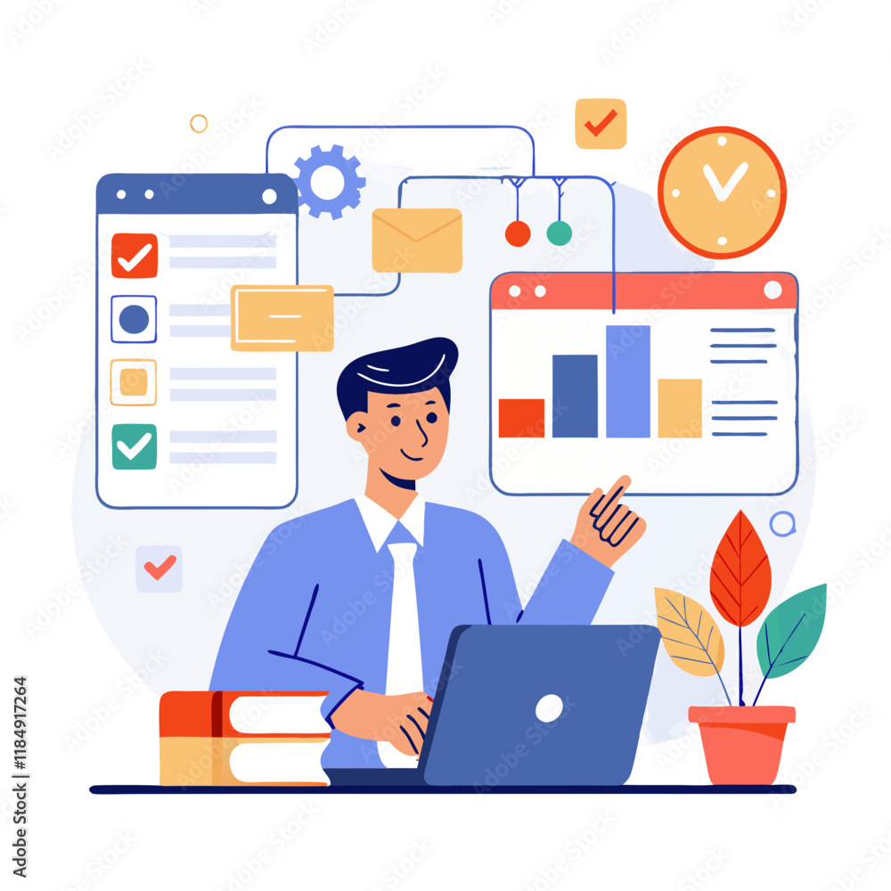 Poster a project manager is focused on coordinating tasks and timelines while using a laptop in a vibrant o