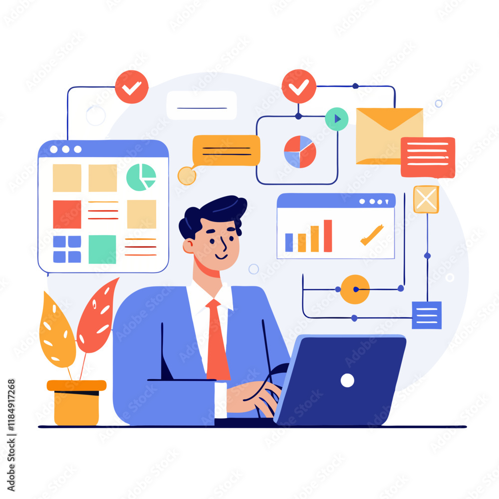 Poster a project manager is focused on overseeing tasks using a laptop, surrounded by visual data presentat