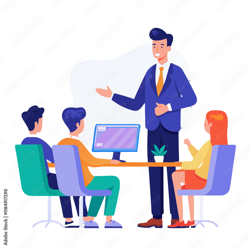 Poster a project manager engages with a team of four individuals during a meeting focused on discussing pro