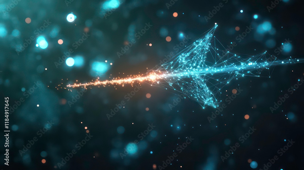 Poster Abstract arrow of glowing particles moving through dark space.
