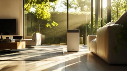 Modern Air Purifier in a Sunlit Living Room: Clean Air, Healthy Lifestyle