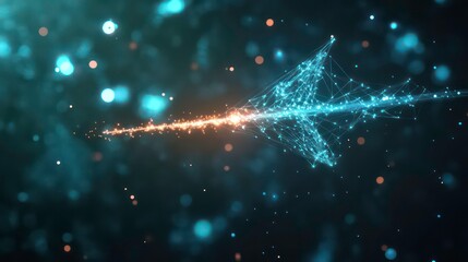 Abstract arrow of glowing particles moving through dark space.