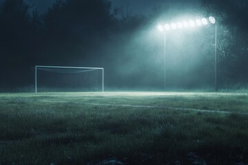 A serene night view of a vacant soccer field illuminated by powerful floodlights.