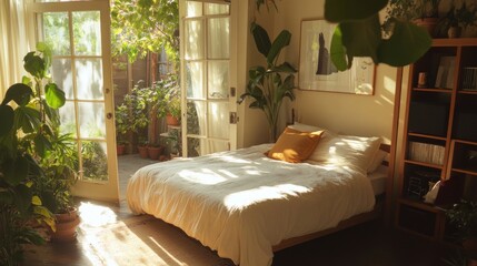 Sunlit Bedroom with Lush Greenery: A Peaceful Oasis