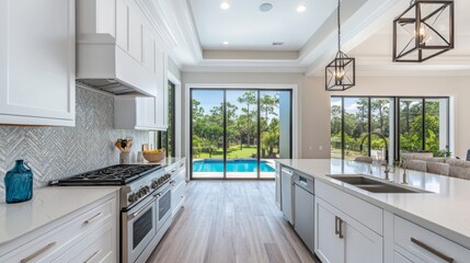 Fototapeta premium Modern Luxury Kitchen with Pool View