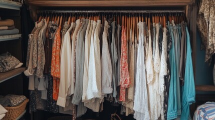 A well-organized wardrobe with various clothing items on hangers. Women's fashion, closet organization, home interior