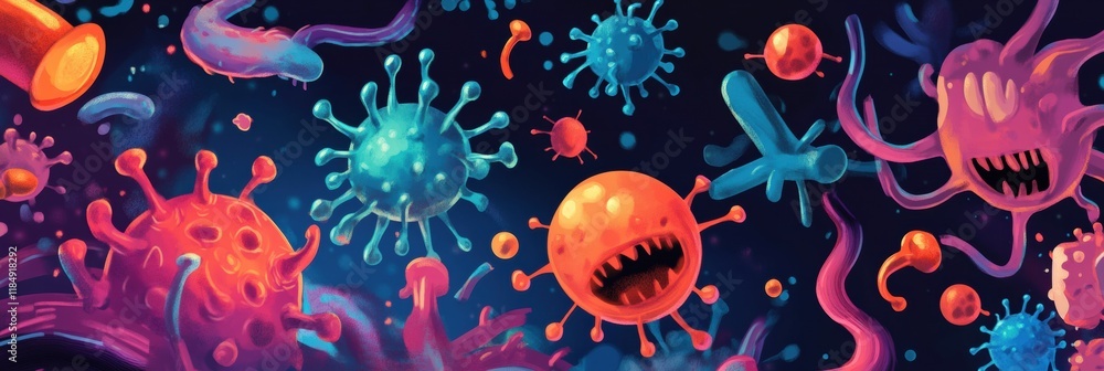 Poster cartoon bacteria engage in dynamic battle with antibodies in vibrant microscopic world. generative a