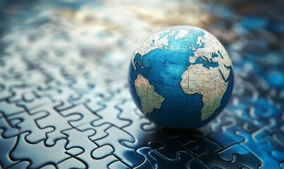 Globe on puzzle pieces symbolizes global business synergy and connection