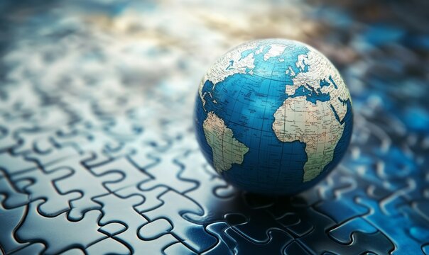 Globe on puzzle pieces symbolizes global business synergy and connection