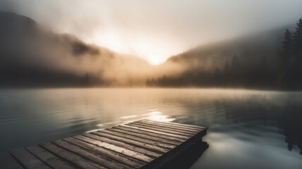 A serene wooden dock extends into a misty lake, surrounded by fog-shrouded mountains at dawn, creating a tranquil and mysterious atmosphere.