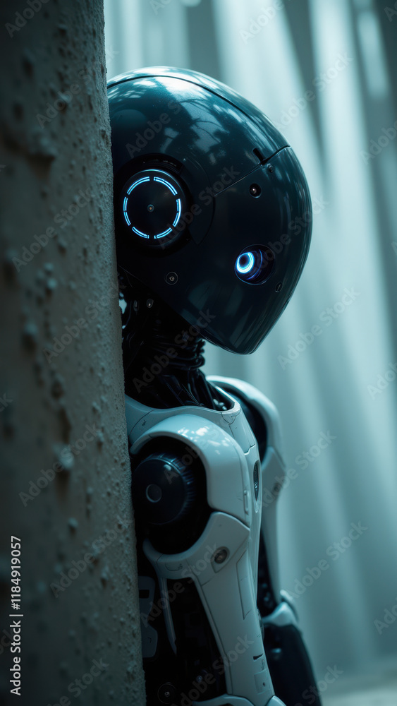 Poster futuristic robot peeking around a corner, with a focus on artificial intelligence and advanced techn