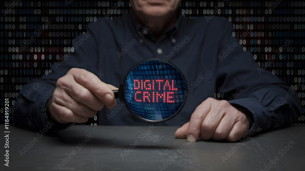 Poster Businessman Holding Magnifying Glass with Binary Code and Red Digital Crime Wording for Focus and Analysis