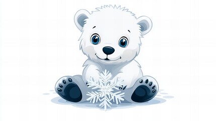 Obraz premium Adorable polar bear cub sitting with a snowflake. Winter wonderland charm!