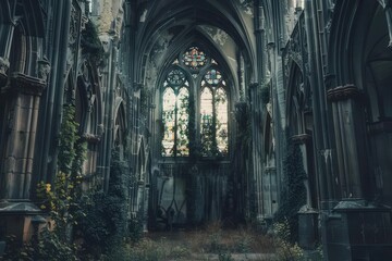 An abandoned gothic church with stained glass windows, overgrown with plants and natural decay.