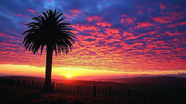 Vibrant sunset sky over a lone palm tree and fence.