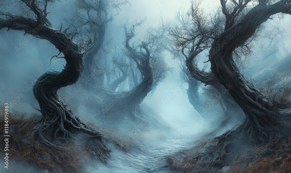 Poster a foggy path through twisted dead trees