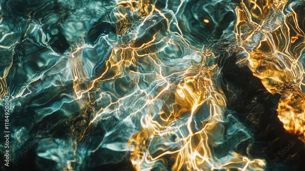 Poster sunlit water reflections with vibrant golden and turquoise hues, creating a mesmerizing abstract pat