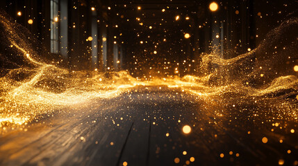 Golden particles create a magical atmosphere in a dimly lit room