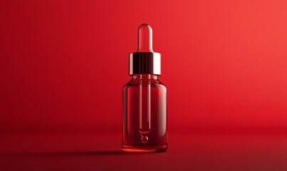 A Glass Dropper Bottle with Red Liquid on a Red Background