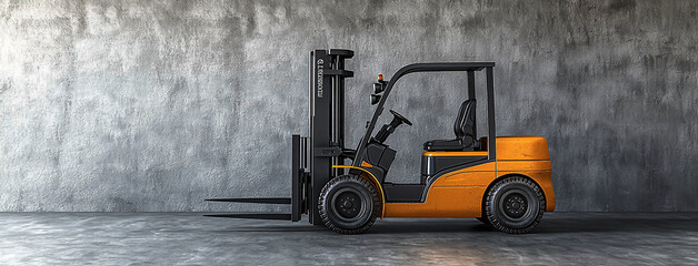 Forklift in front of a gray concrete wall, yellow forklift against a grey concrete wall, Forklift standing on an industrial gray concrete wall background, space for text or copy area. Generative Ai