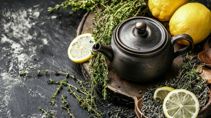 A rustic tea pot sits amidst sprigs of vibrant thyme and slices of lemon. The warm colors create an inviting kitchen environment, perfect for an afternoon tea