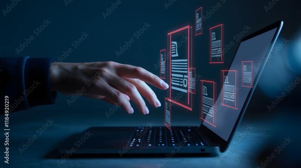 Aufkleber Businessman Utilizing Computer Laptop to Manage -E-Invoices and Online Digital Statements on Virtual Screen