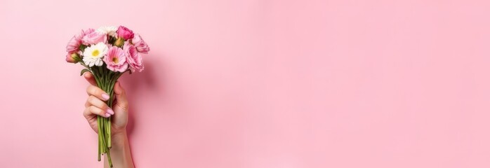 Fototapeta premium female hand with a bouquet of flowers on the left on a pink background, banner