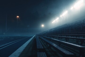 Mysterious night scene at an empty football stadium under foggy lights.