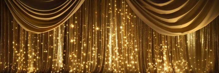 scene banner backdrop luxury golden shimmer curtain on stage of theater or cinema slightly ajar, stylish empty background for festive design