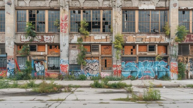 An abandoned industrial building covered in graffiti, with overgrown plants and broken windows.