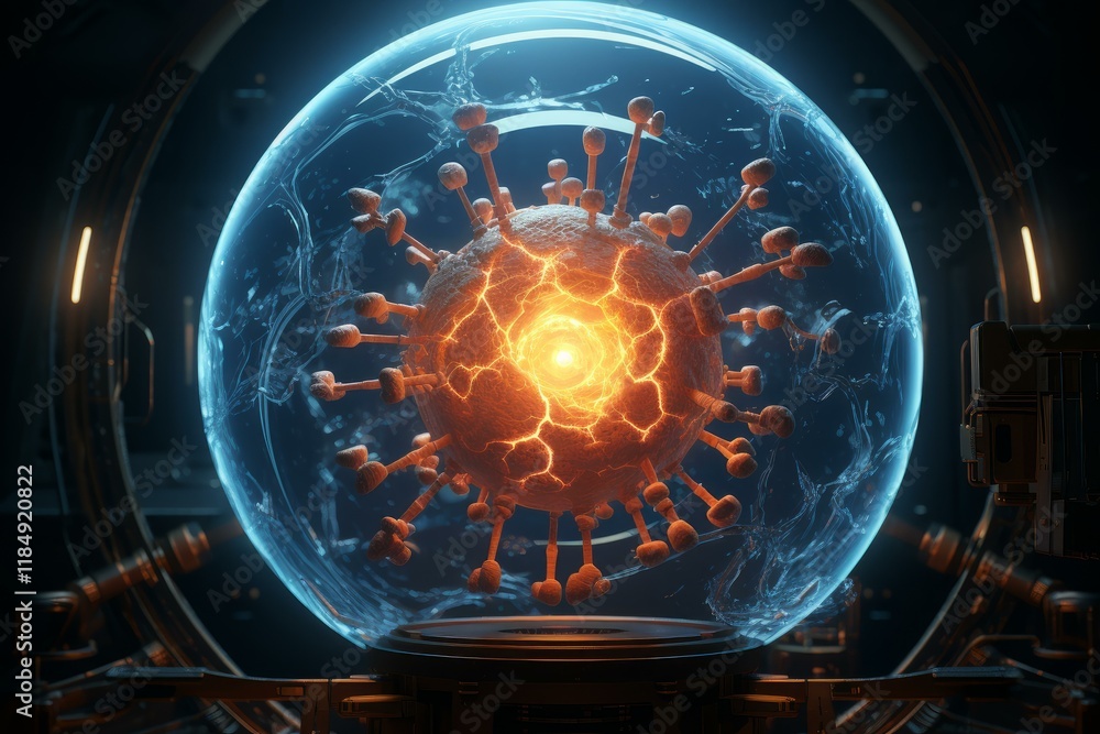 Poster orange virus exploding inside a force field, generating intense light in a futuristic laboratory set
