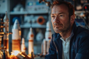 Obraz premium In a workshop filled with model rockets and space equipment, an engineer reflects on advancements in space exploration