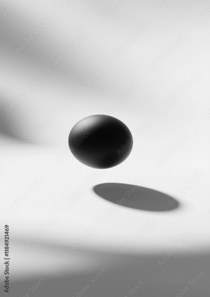 Poster A black ball is floating in the air above a white background