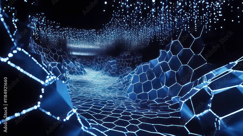 Poster Abstract blue glowing hexagonal network path in dark background.