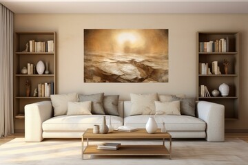 Cozy living room with white sofa, wooden furniture, bookcases, and a large painting depicting the martian landscape