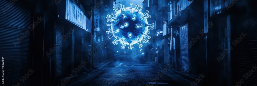 Aufkleber Symbolic representation of virus in an empty urban street creating a haunting atmosphere at night. Generative AI