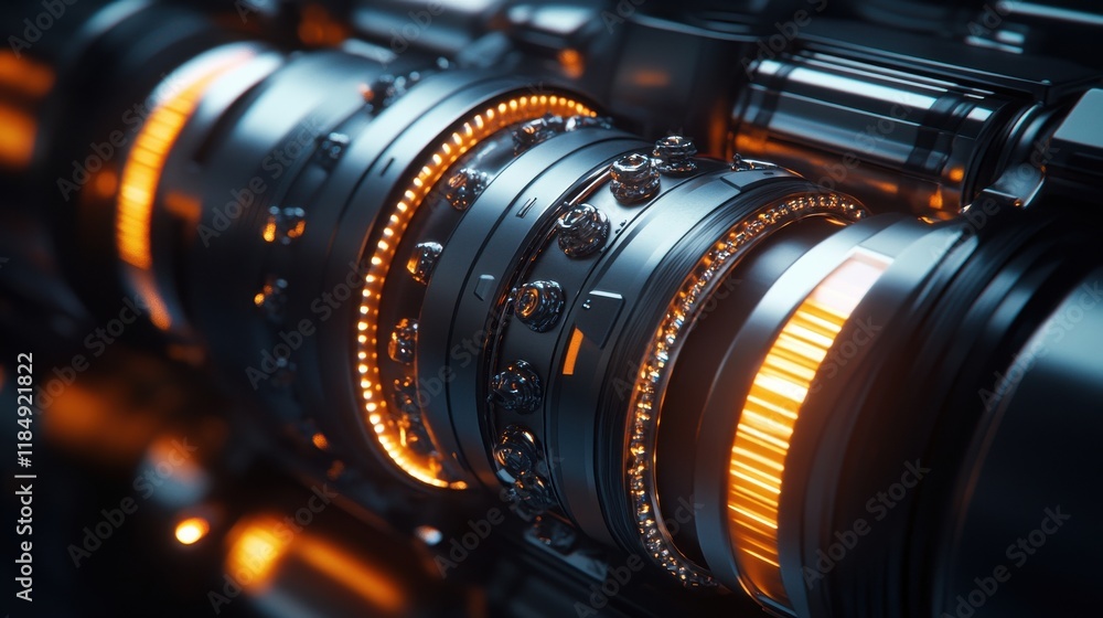Aufkleber close-up view of a futuristic mechanical device with glowing elements in metallic shades.